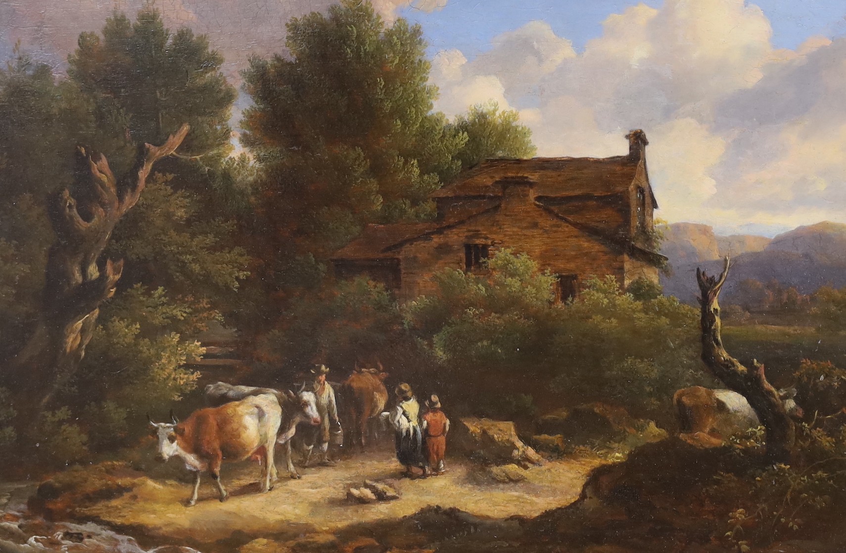 Early 19th century Continental School, oil on wooden panel, Cattle drover in a landscape, 24 x 37cm